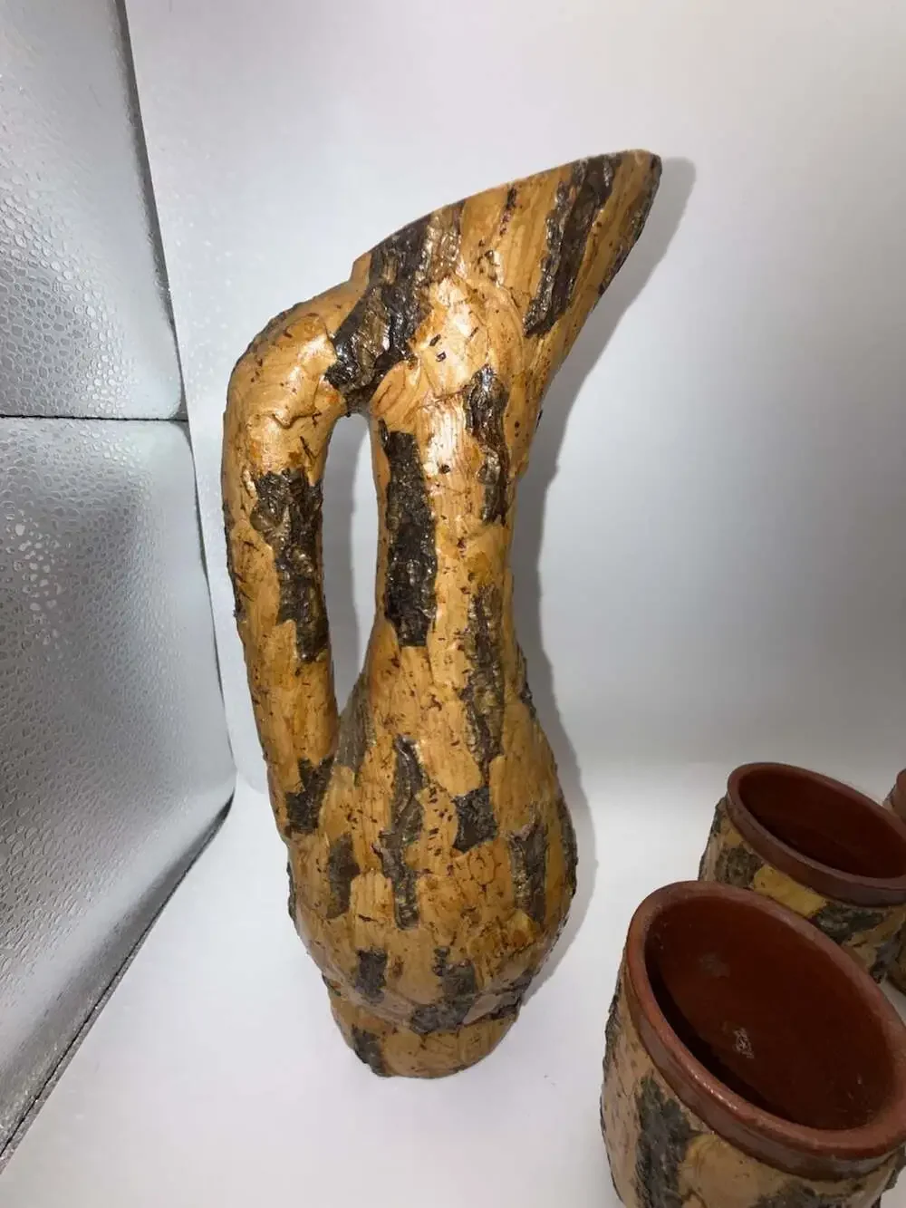 Vintage Italian Cork Bark Covered Pottery Pitcher and Cups Set